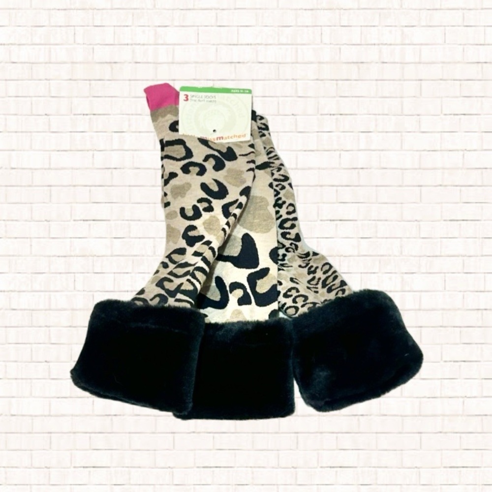 Little MisMatched Set of 3 Leopard Print Socks with Black Faux Fur Trim NWT OBO